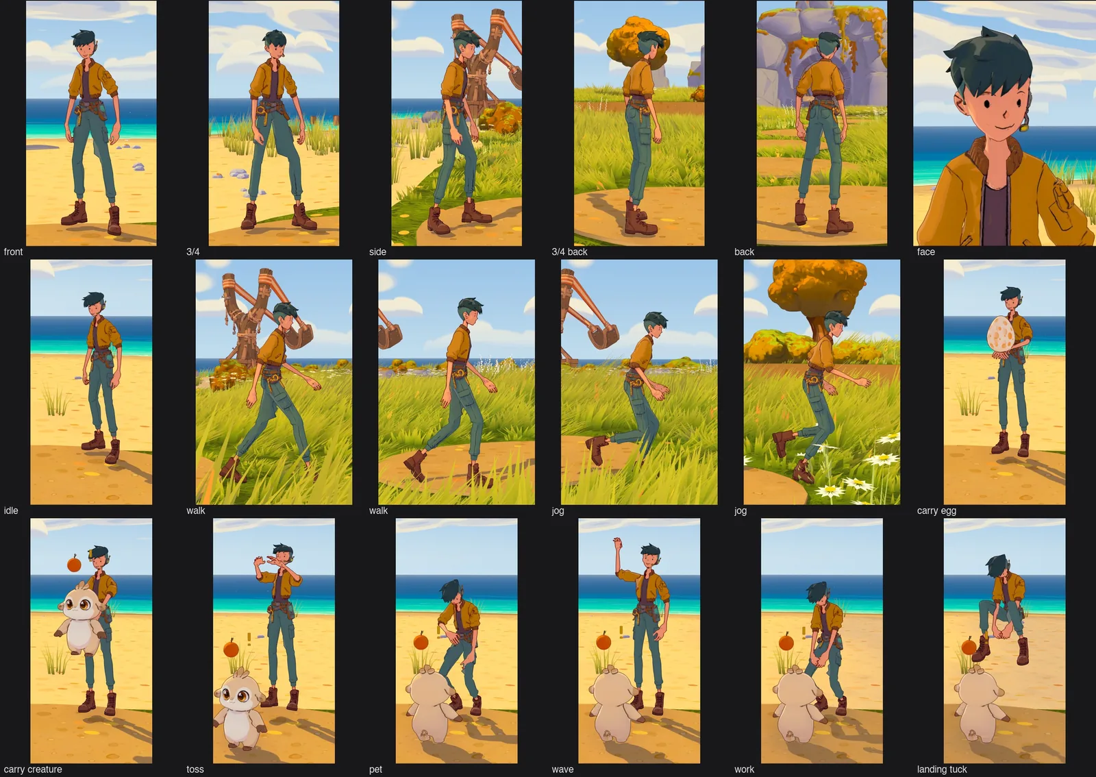 The 3D caretaker in game: turnaround views, a face close-up, walking, jogging, carrying an egg and a baby creature, petting, waving and the landing tuck