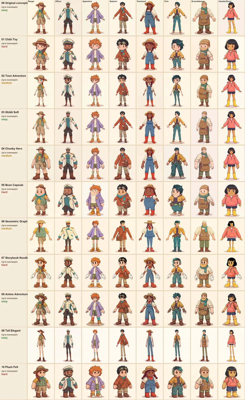 A grid of eight caretaker characters redrawn in ten shape styles, from chibi to tall elegant to plush felt