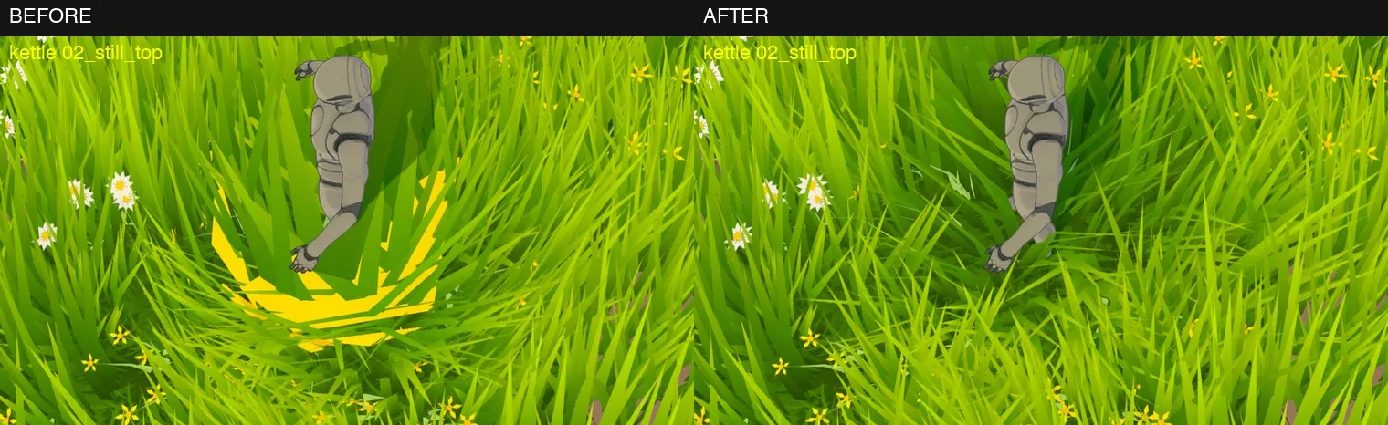Before and after, seen from above: the old grass push flattened blades into a bright yellow ring; the new one bends them aside