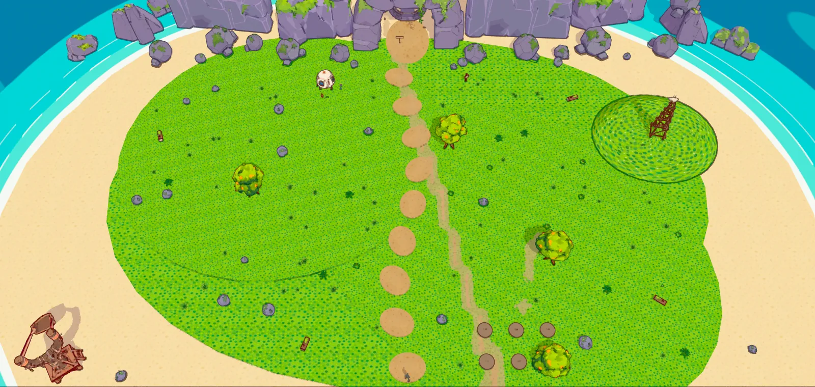 Top-down view of Kettle Island with a worn dirt trail through the grass beside the stepping stones